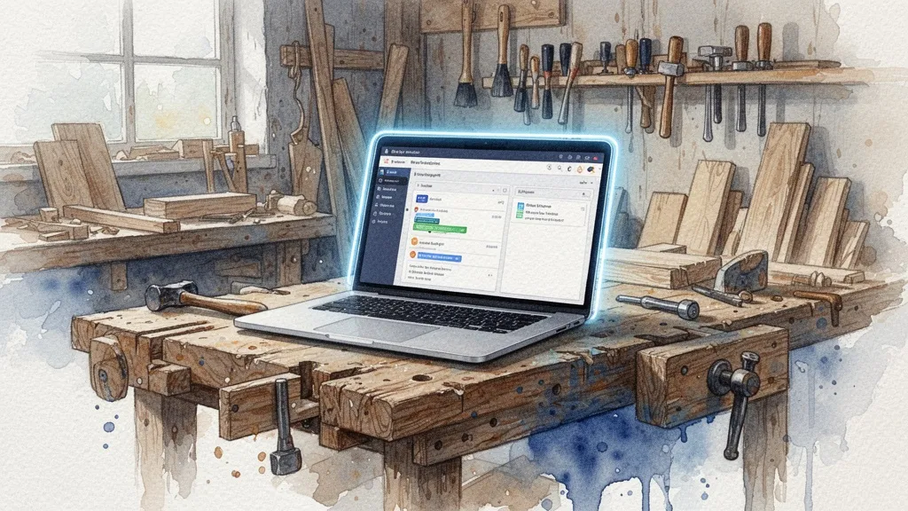 Watercolor of artisan workshop with laptop blending tradition and software