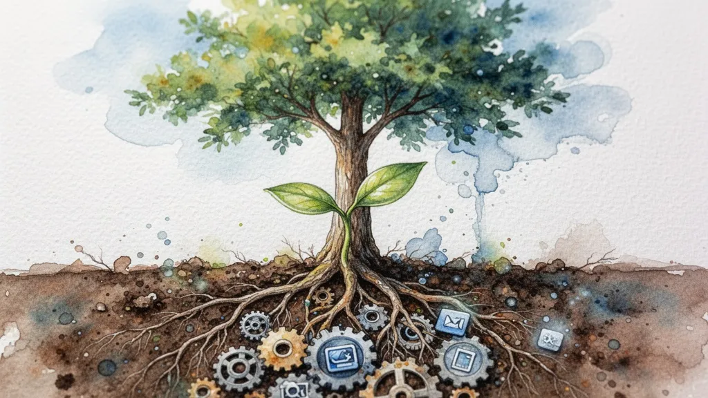 Watercolor tree seedling with gears and software icons in roots