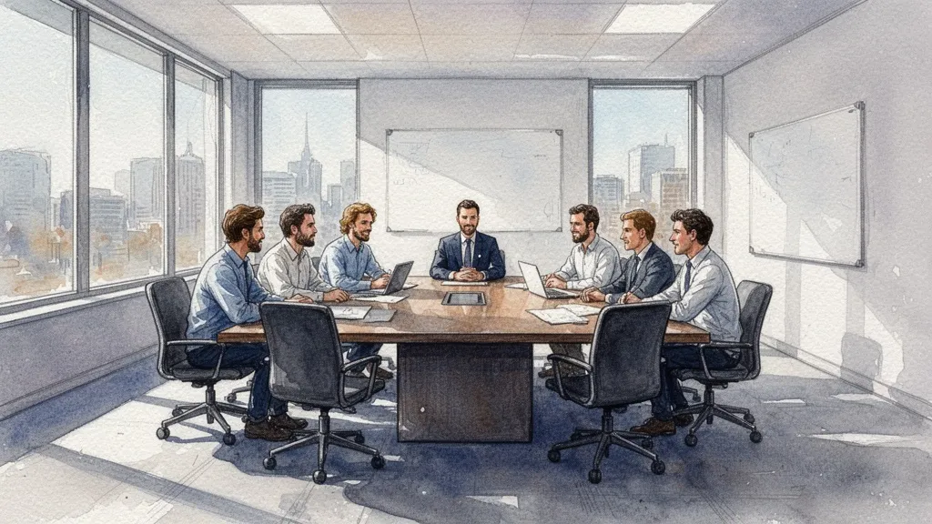 Startup founders meeting with corporate executives in boardroom