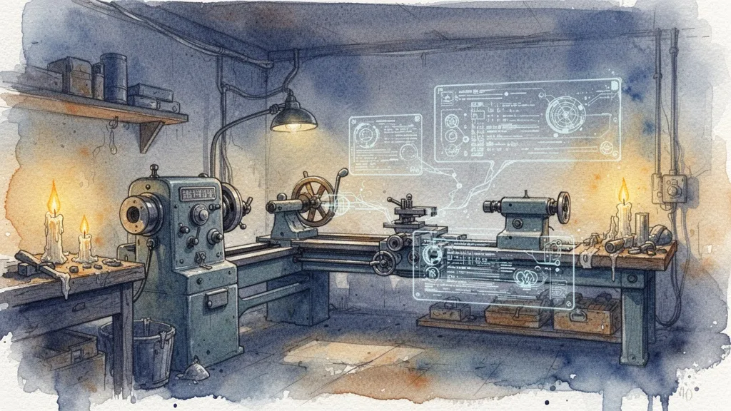 Watercolor illustration of a pyme workshop with data flows in muted tones.