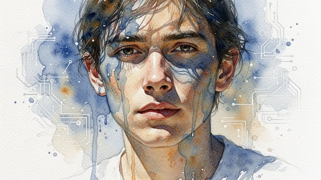 Watercolor portrait with algorithmic patterns symbolizing transparency and opacity