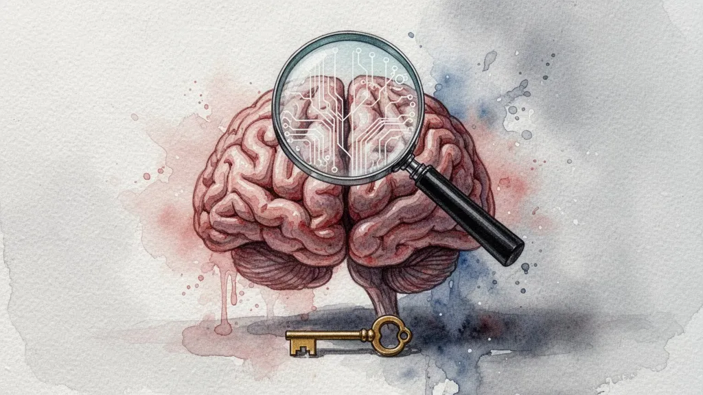 Acuarela de un cerebro con lupa y llave, representando la auditoría neuroética