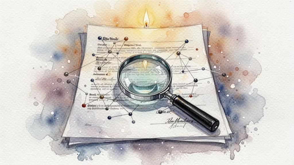 Lupa sobre documentos legales con elementos de datos