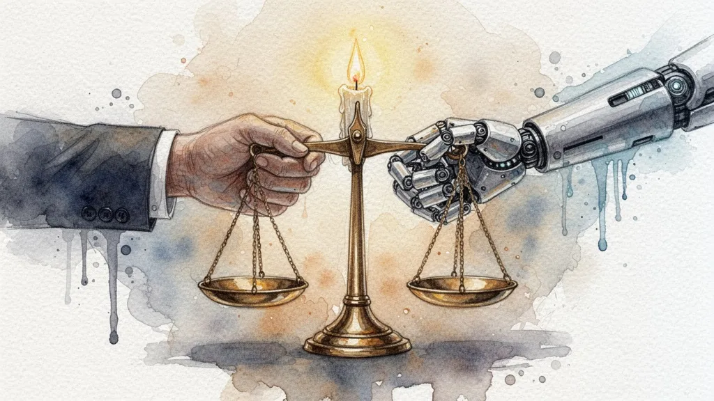 Manos humana y robótica sostienen balanza legal