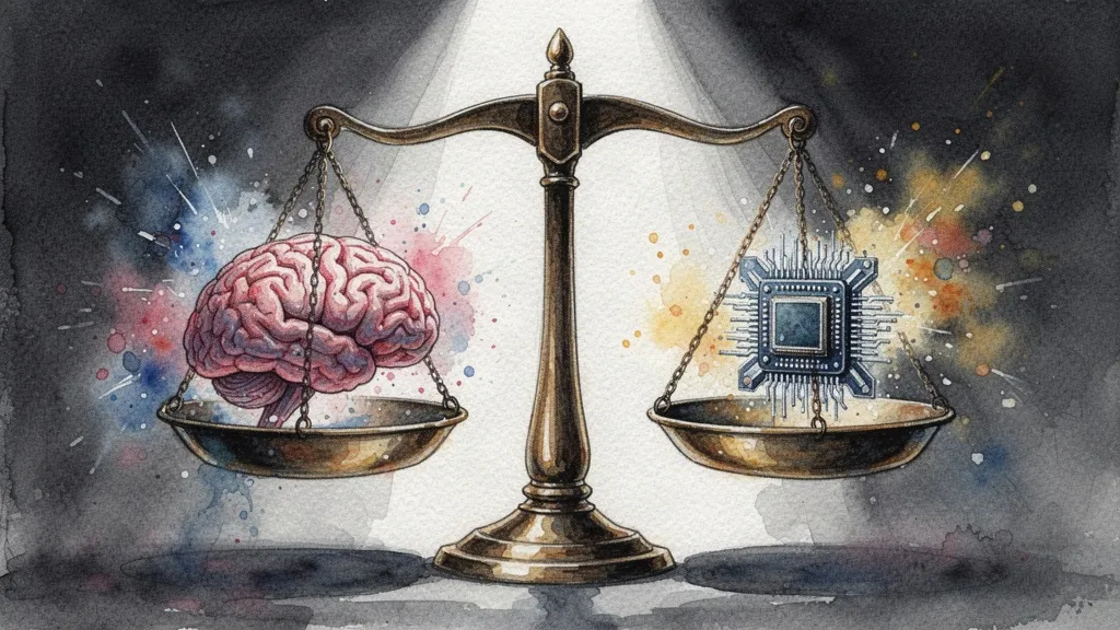 Balanza con cerebro y microchip, balance entre derechos y tecnología