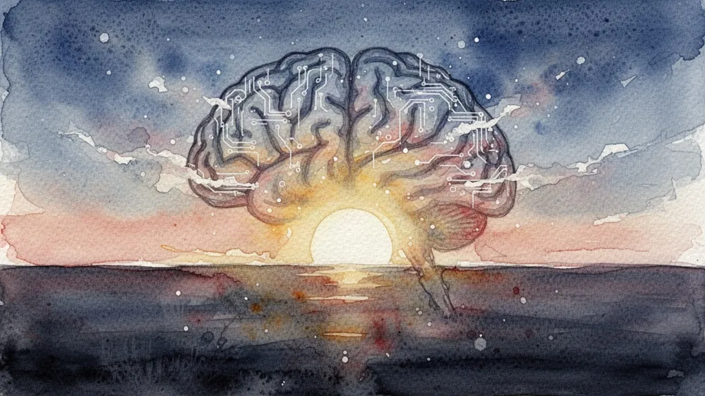 Paisaje de horizonte con sol y silueta de cerebro, visión esperanzadora