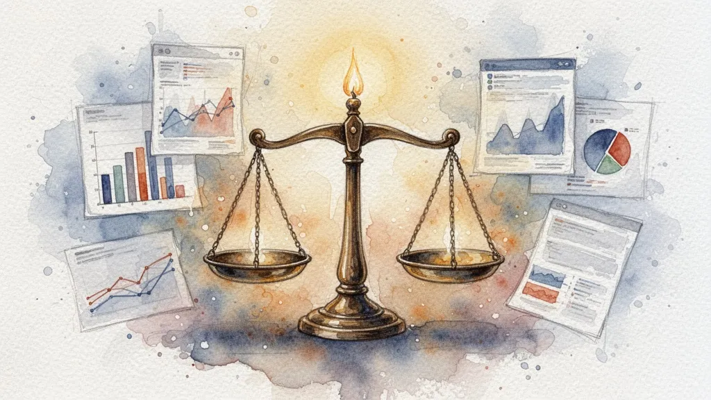 Ilustración en acuarela de balanza legal con gráficos de datos
